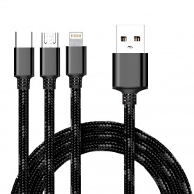 Cabo de Dados Cyoo, ´2em1´ USB, MicroUSB, USB Tipo C e Lightning, Preto, CY120171