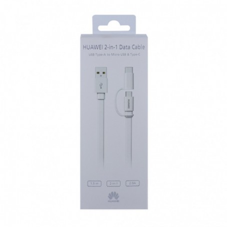 Huawei, 2in1 Charging + Data Cable, USB Type A to MicroUSB and USB Type C, White, 4071417